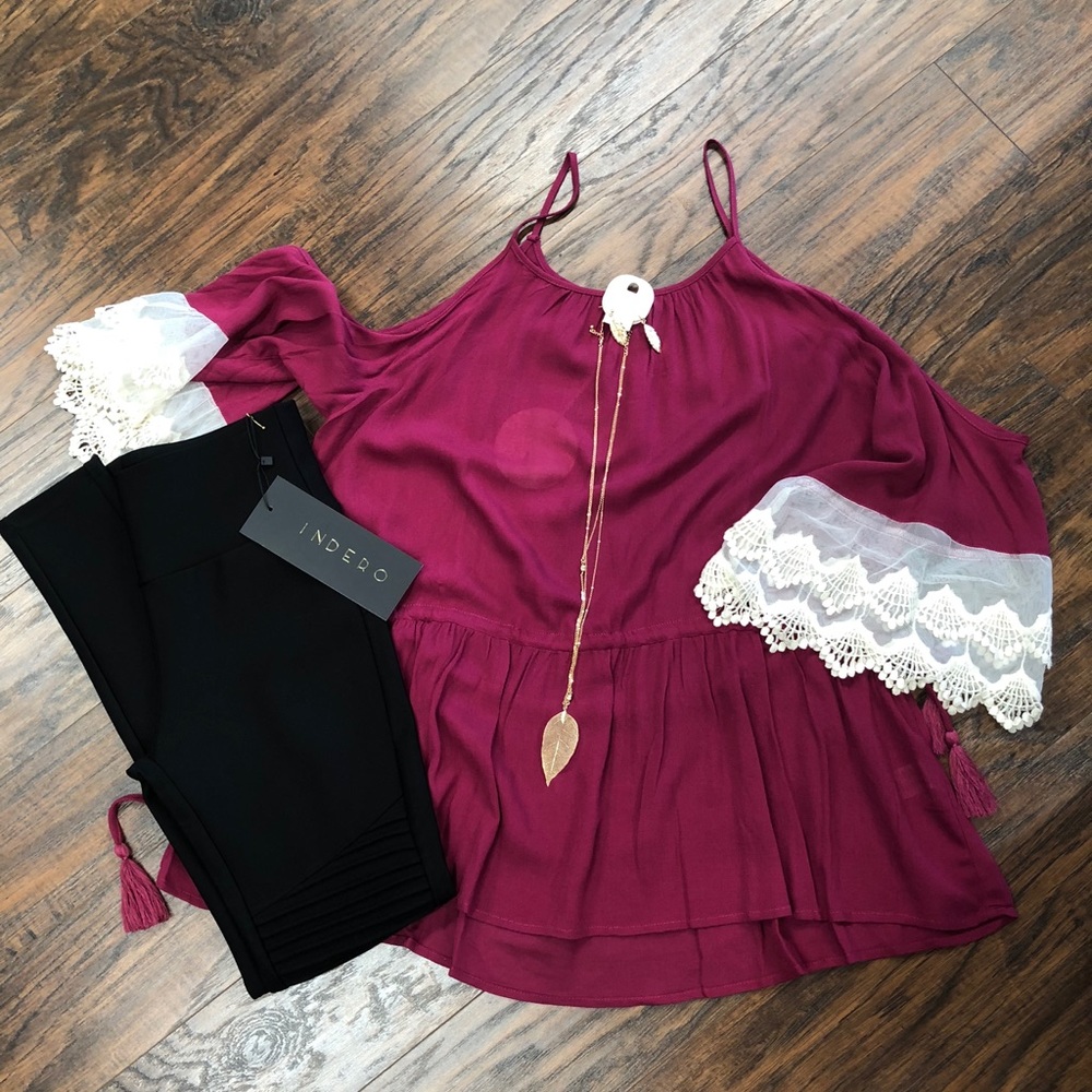 Umgee Burgundy Cold Shoulder and Lace